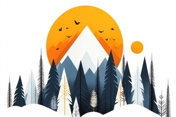 Poster - A flat illustration of a mountain peak with bold, sharp lines, standing tall against a clean white background
