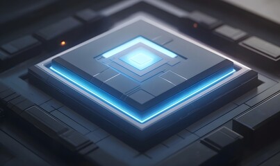 Futuristic chip glowing blue, circuit board background, tech innovation