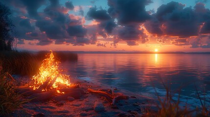 a beach bonfire at sunset, with a calm sea and vibrant hues painting the sky.