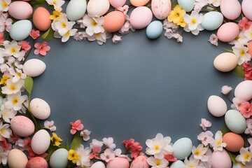 Wall Mural - Easter mockup with painted eggs and spring flowers on dark background, concept of holiday greeting card