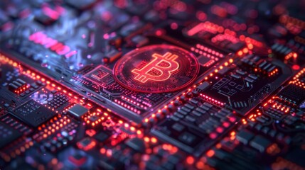Fototapete - A detailed electronic circuit board illuminated with bright red and blue lights showcases a prominent Bitcoin symbol at the center.