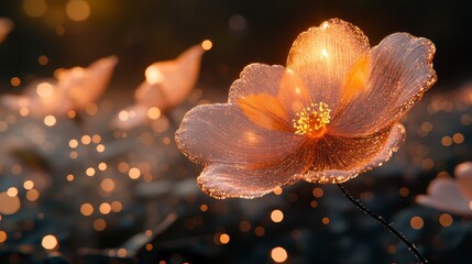 Wall Mural - Close up of a glowing, translucent flower composed of golden particles, set against a blurred background of similar flowers and bokeh lights. Soft