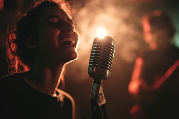 Poster - Woman singing into microphone with smoky background.