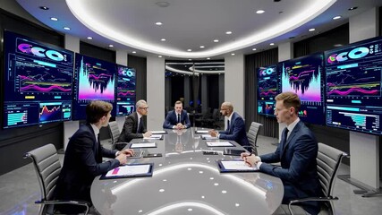 Aufkleber - High-tech business meeting with futuristic holograms and data analysis in sleek conference room