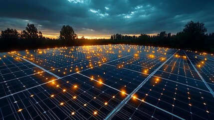 Solar panels at sunset, energy production, rural landscape, renewable energy, sustainable power generation