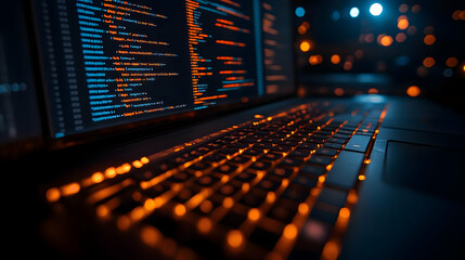 Laptop Displays Code on Screen with Illuminated Keyboard in Low Light Setting