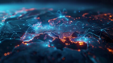 Poster - A digital map showcases Europe with vibrant blue and orange lines symbolizing connections between cities, emphasizing networks and data flows across the region.