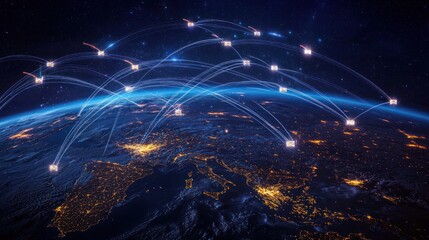 Global network connection, data transfer, digital communication, worldwide transportation.
