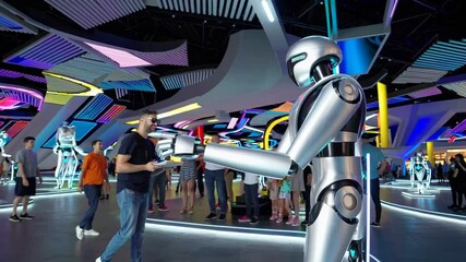 Fototapete - Exploring a futuristic exhibition filled with advanced robots and vibrant holographic displays in a dynamic environment