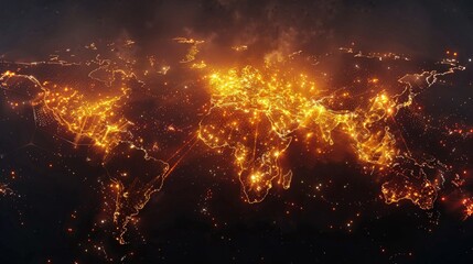 Poster - This aerial depiction highlights the interconnected cities worldwide, illuminated by countless lights, reflecting human activity and development during the night.
