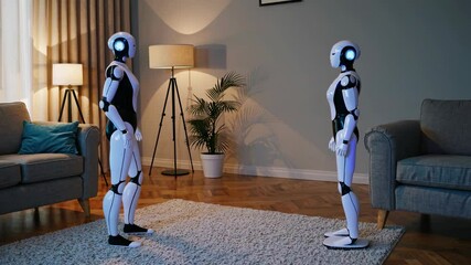 Poster - Futuristic humanoid robots interact in a modern living room showcasing advanced technology and hi-tech design features