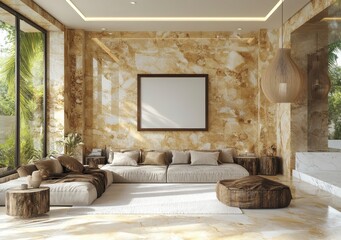 Wall Mural - Modern living room interior design in beige and brown tones, featuring a large sectional sofa, a stone wall, and a large empty frame. Natural light