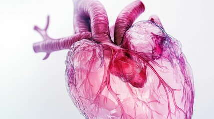 Wall Mural - Translucent pink heart with arteries on white background.