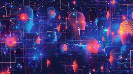 Networked minds, digital future, global connection, abstract art, tech concept