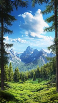 Stunning landscape showcasing towering mountain peaks. Covered in snow and ice. Rising majestically above a vibrant green valley and dense pine forest under a bright blue sky with fluffy white clouds