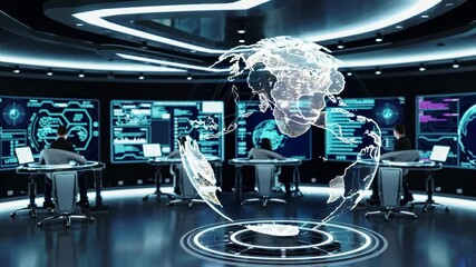 Fototapete - Advanced control room with holographic displays and futuristic technology in a high-tech environment