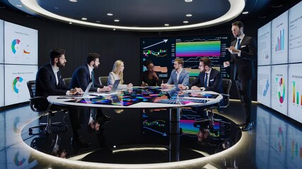 Poster - High-tech meeting with data analysis in a futuristic conference room setting featuring holographic presentations