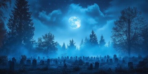 Wall Mural - Eerie night scene of a graveyard shrouded in mist under a large full moon, surrounded by dark trees, creating a mysterious and spooky atmosphere. The