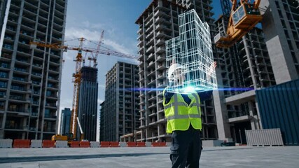 Aufkleber - Construction worker utilizes hologram technology on a building site in a modern city