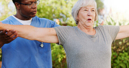 Wall Mural - Senior woman, nurse and exercise with physiotherapist for physical activity, workout or balance in garden. Female person, caregiver or medical worker with elderly patient for stretching or training