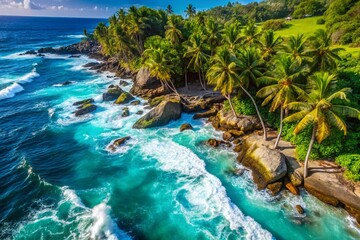 Canvas Print - Aerial Drone Shot: Lush Palm Trees, Rugged Rocks, Turquoise Ocean