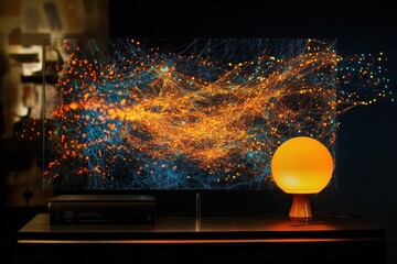 Data visualization on screen, glowing lamp, dark room, tech concept