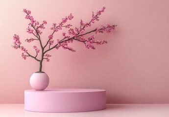 Wall Mural - Pink blossom branch in a round vase on a pink pedestal against a textured pink wall. Minimalist aesthetic, serene atmosphere. Soft lighting