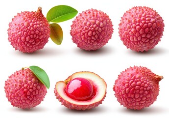 Canvas Print - Close up shot of six pink lychees, some whole and one cut open to reveal the translucent white flesh and red center, set against a bright white