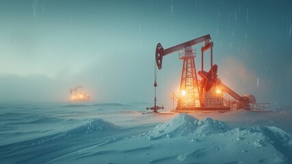 Leinwandbilder - Large oil drilling rigs extract crude oil from the frozen terrain, surrounded by swirling snow and low visibility, at twilight. Equipment glows against the bleak environment.