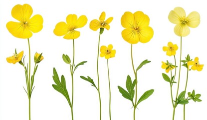 Wall Mural - Collection of pressed yellow flowers with green stems on white background. Detailed botanical illustration, showcasing varying stages of bloom and