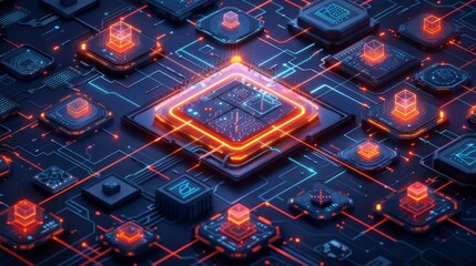 Poster - Illuminated processors and circuit patterns are arranged in a complex layout, showcasing vibrant colors and glowing connections in a high tech environment.