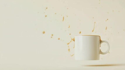 Poster - Coffee splashing from white mug levitating on uniform beige background, creating dynamic droplets in air, minimalist design with copy space