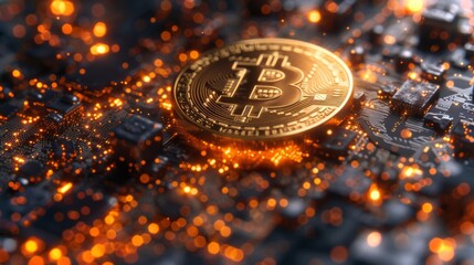 Aufkleber - A golden bitcoin rests prominently on a dark circuit board, surrounded by glowing particles that create a futuristic ambiance, representing the digital currency landscape.