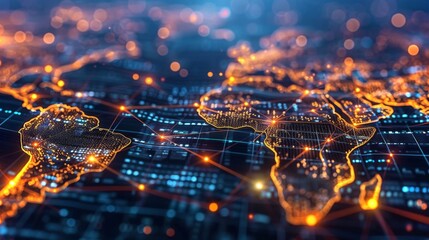 Fototapete - A vibrant digital map illustrates global connectivity with bright lines representing data flow, highlighting urban areas during a night scene filled with glowing lights and intricate patterns.