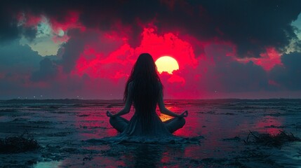 Canvas Print - Woman Meditating at Sunset by Serene Ocean Shoreline