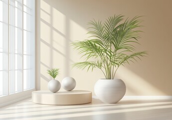 Poster - A minimalist interior scene shows a beige room with sunlight entering through a window. The light illuminates two small potted plants and a larger