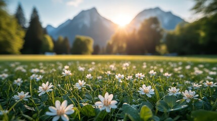 Poster - Close up view of a field of small white flowers in a lush green meadow, with sunlit mountains in the background at sunset. The image evokes a feeling