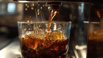 Wall Mural - A close-up of an Americano being poured from a coffee machine into a cup. Professional black coffee brewing process.