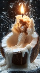 Wall Mural - Hyperdetailed photorealistic closeup of a coconut cut in half with coconut milk flowing into the shape of a woman holding a candle set against a dark background with minimal lighting