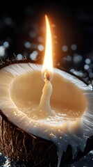 Wall Mural - Hyperdetailed photorealistic closeup of a coconut cut in half with coconut milk flowing into the shape of a woman holding a candle set against a dark background with minimal lighting