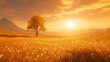 © A4719 - Golden hour sunset over a vast field of tall grass, a single deciduous tree stands alone in the foreground, bathed in warm light. Mountains are