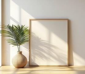 Canvas Print - A sunlit interior scene features a large, empty wooden frame leaning against a white wall. A woven vase holding a leafy green plant sits beside it