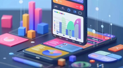 Application of Smartphone with business graph and analytics data on isometric mobile phone.