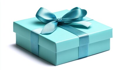 Wall Mural - Light teal gift box with a patterned teal ribbon, isolated on white background. Perfect for celebrations and gifting