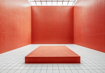 Wall Mural - Abstract minimalist image featuring a rectangular terracotta colored platform in a room with terracotta walls and a white tiled floor. Clean lines