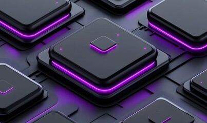 Purple-lit digital squares on dark tech background, futuristic interface