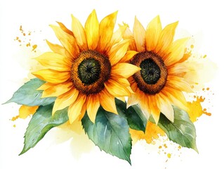 Wall Mural - Watercolor painting of two sunflowers with green leaves, set against a light yellow and white splatter background. The flowers are vibrant and