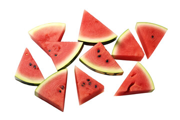 A collection of watermelon wedges arranged neatly, displaying the juicy, bright pink flesh and dark seeds. The wedges vary in size and shape, creating an appealing visual texture.