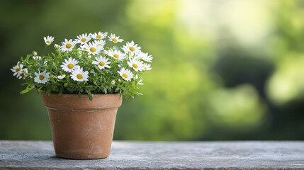 Canvas Print - potted plant with white daisies, brightening natural background