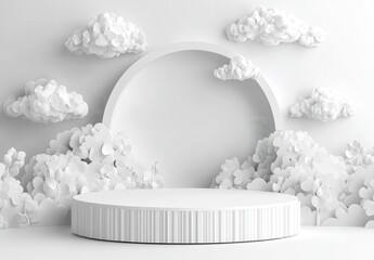 Wall Mural - White cylindrical platform surrounded by stylized white clouds and floral elements against a white background. Clean, minimalist aesthetic. Ideal for